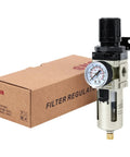 Compressed Air Filter Regulator Piggyback Combo Pro Grade 3/8 NPT with Poly Bowl, Metal Guard, Gauge, and Box in Background