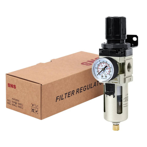 Compressed Air Filter Regulator Piggyback Combo Pro Grade 3/8 NPT with Poly Bowl, Metal Guard, Gauge, and Box in Background