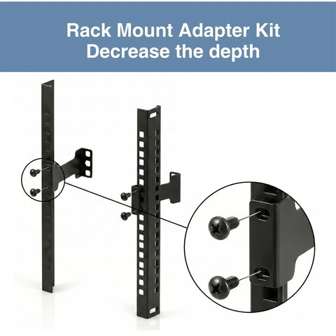 Heavy Duty 2U Server Rack Depth Extender Kit Rock Solid 4 Inch Deep Recess Mount Adapter mounted on server rack.