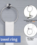 Towel ring from Six Piece Brushed Nickel Bathroom Hardware Set With Wall Mount Includes 23 Inch Towel Bar 17 Inch Towel Bar Toilet Paper Holder Towel Ring And 2 Hooks Made From SUS304 Stainless Steel Built Tough Rust Resistant For A Modern Bathroom Upgrade, shown holding a white towel, excellent strength and 180° rotatable feature visible.