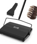 Manual Carpet Floor Sweeper With Dual Horsehair Brush Roll Quiet Non Electric Push Broom For Snagging Pet Hair And Lint No Sweat Home Cleaning Gear Black with brush and comb.