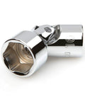 Three Eighths Inch Drive Universal Joint Socket, Pro Grade, With 16 Mm Hex, Smooth Rotating Pivot Up To 55 Degree Articulation, Shallow 6 Point Opening For Max Contact, Large Markings For Quick Identification chrome universal joint socket on white background
