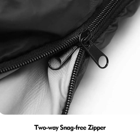 Close-up of zippers on Two Person Sleeping Bag For All Seasons With Wraparound Zippers, Easily Splits Into Two Individual Bags Or Converts To Two Queen Blankets, XL Size For Couples Camping, Hiking, Backpacking, And Cold Or Warm Weather Cozy Comfort.
