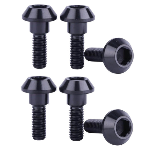 Set Of Six Titanium Brake Disc Bolts M6 20mm For Suzuki GSXR And Yamaha R1 R6 YZF Grade 5 Titanium Alloy Black High Strength Fasteners Pack Of 6 Great For Street And Track Use With Durable Black Finish. Shown in black finish, hex sockets visible.