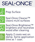 Seal-Once product guide outlining prep steps for wood care, including cleaner and brightener instructions.