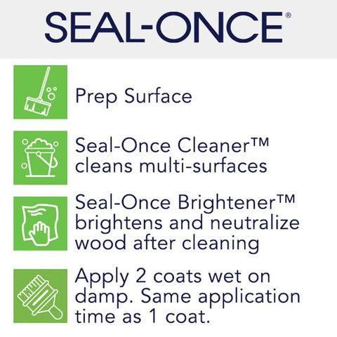 Seal-Once product guide outlining prep steps for wood care, including cleaner and brightener instructions.