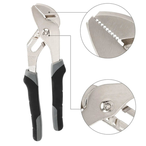 Close-up of 8-inch groove joint pliers from 4 Piece Pliers And Wrench Set For Home DIY Repairs with durable teeth and joint detail.