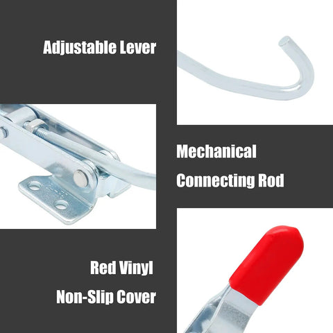 Two Pack J Hook Toggle Clamp Set with red vinyl grip, showing adjustable lever and mechanical connecting rod details