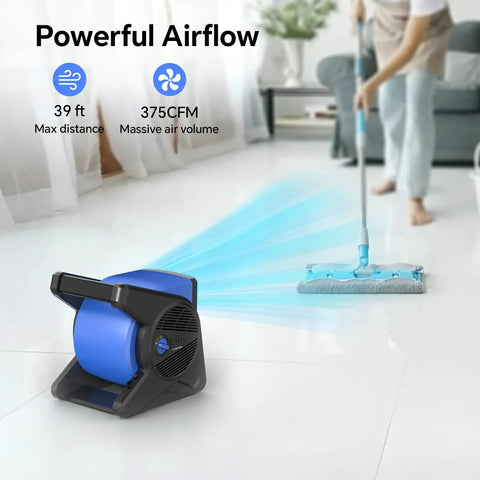 15 Inch Pivoting Blower Fan With 375 CFM Airflow Portable Floor And Carpet Dryer showing powerful airflow during floor drying