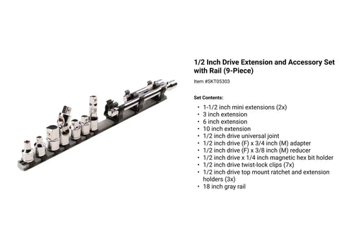 27 Piece Drive Extension And Accessory Set With Rails And Tray For One Quarter Inch, Three Eighth Inch And One Half Inch Drive Tools, Includes Sixteen Extensions, Universal Joints, Adapters And Reducers To Reach Past Obstructions And Tight Spaces, shown on gray rail with various extensions.