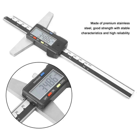 Stainless Steel Digital Depth Gauge Caliper 0-150mm Range with 0.01mm Resolution Vernier Depth Measurement Tool showing LCD display