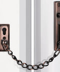 Premium Stainless Steel Door Chain Lock With Heavy Duty Sliding Bolt Gate Latch Hardware For Knockback Entry Security and Tough Outdoor Rust Free Daily Grind Protection, bronze finish on door.