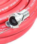 Heavy Duty Red Rubber Air Hose For Jack Hammer Three Quarters Inch By Fifty Feet Three Hundred PSI Oil Heat UV Resistant Kink Resistant Built For Tough Construction Sites And Harsh Environments with Chicago fittings close-up