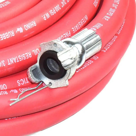 Heavy Duty Red Rubber Air Hose For Jack Hammer Three Quarters Inch By Fifty Feet Three Hundred PSI Oil Heat UV Resistant Kink Resistant Built For Tough Construction Sites And Harsh Environments with Chicago fittings close-up