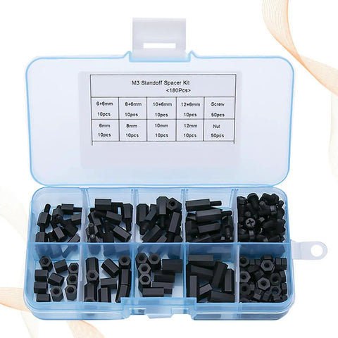 180 Piece Nylon Standoff Spacer Kit With Threaded Plastic Hex Spacers Anticorrosive And Durable For Electronics Projects And DIY Prototypes In A Compact Storage Box Ideal For Rapid Prototyping And Robotics Builds, black M3 spacers in box