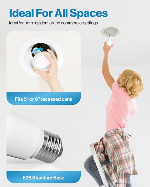 Person installing 10 Pack BR30 LED Flood Light Bulbs 11W Equivalent 90W 3000K Warm White 850 Lumens E26 Base Dimmable Interior Recessed Can Lighting UL Listed Energy Star Certified 25000 Hour Lifetime into a ceiling fixture.