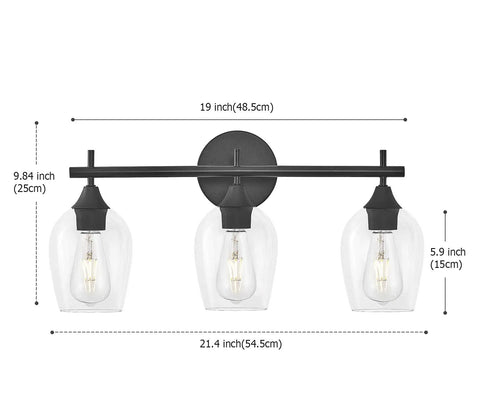 Modern Black Industrial Three Light Vanity Light With Wine Glass Shades For Hallway Kitchen And Bedroom Indoor Wall Fixture UL Listed For Safe Bathroom Lighting And A Dope Home Vibe showing dimensions