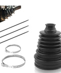 Universal CV Joint Boot Kit with 1 boot, 2 clamps, 3 ties, and installed example. Waterproof and dustproof seal for cars.