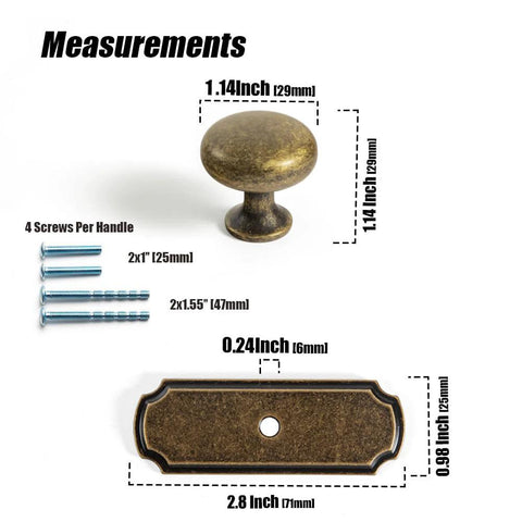 Retro Antique Brass Zinc Alloy Cabinet Knob with Backplate Single Hole Center 6 Pack Includes Mounting Screws measurements