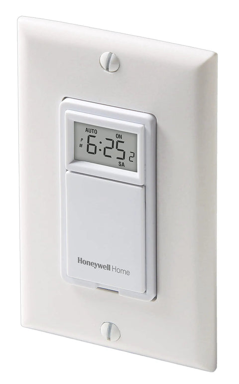 7 Day Programmable Light Switch With Manual And Automatic Modes, Flush Mount Design, White Finish, 40 Watt Minimum Requirement, No Fuss Weekly Scheduling For Easy On And Off Times, 1 Pack in white plastic with display and buttons