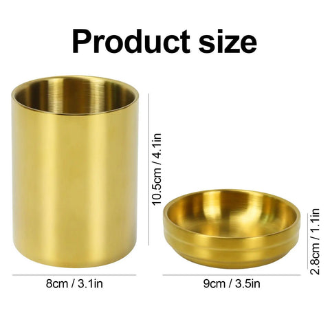 Gold Desk Organizer Set For Office 2-Piece Luxury Paper Clip And Pencil Holder Cup size details with dimensions in inches