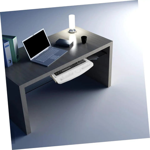 Heavy Duty Sliding Keyboard Tray Smooth Glide Under Desk Mount displayed under a modern desk with laptop and lamp.