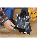 Person installing Flooring Nailer Rolling Base With Tool Free Thickness Adjustment from one half to three quarters inch on floor