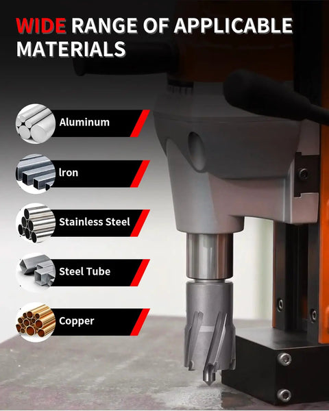 Heavy Duty Magnet Mount Carbide Tipped Annular Cutter 1/2 Inch By 1-3/8 Inch Depth shown with materials it can cut.