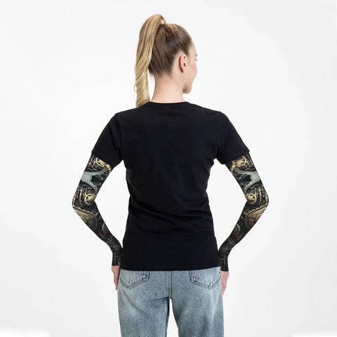 Back view of woman wearing Premium Unisex Ice Silk Sun Protection Arm Sleeves, showcasing unique design and fit.