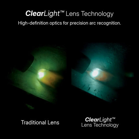 Comparison of traditional lens vs ClearLight™ Lens Technology in Top Tier Auto Darkening Welding Helmet, showcasing improved visibility.