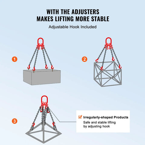 Beefy Heavy Duty Chain Sling 3/8 Inch by 10 Foot Lifting Chain with Hooks for Engine Hoists, Built to Handle 18,400 Lbs (8 Tons), G80 Steel, 4 Leg Grab Hooks and Easy Adjusters, 4-leg lift diagram