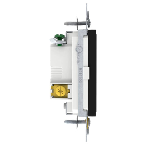 Side view of 3 Way Rocker Light Switch, Single Pole 1 Gang Matte Black, 15A 120/277V UL Listed, Modular Design for Easy Color Upgrades, Sleek Wall Switch With Snap Plate Swap and Durable Construction.