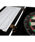 Solid Wood Classic Dartboard Cabinet Set with bristle dartboard and built-in scoreboard open view