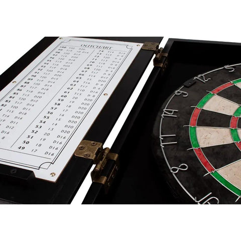 Solid Wood Classic Dartboard Cabinet Set with bristle dartboard and built-in scoreboard open view