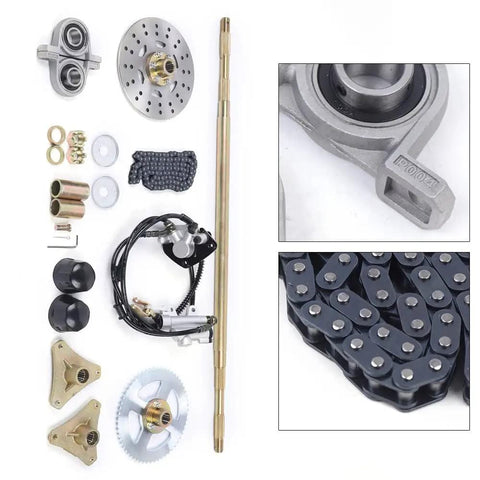 29 Inch Go Kart Rear Axle Kit With Brake Assembly And T8F Chain Set components, including steel and aluminum parts for 50cc to 90cc engines