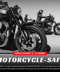 Motorcyclists riding on the road, showcasing the Turn Heads Rich Black Tire Shine And Trim Restorer With Ceramic Hybrid Shield.