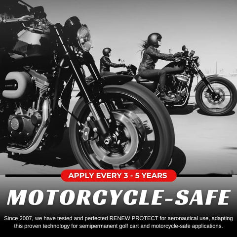 Motorcyclists riding on the road, showcasing the Turn Heads Rich Black Tire Shine And Trim Restorer With Ceramic Hybrid Shield.