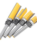 Set of four carbide cutting 6mm flush trim router bit bearing cutters for woodworking engraving and slick edge trimming.