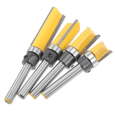 Set of four carbide cutting 6mm flush trim router bit bearing cutters for woodworking engraving and slick edge trimming.