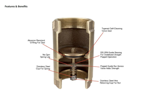 Cross-section view of a 1-inch brass check valve with threaded ends, showing the spring, O-ring seal, and valve seat.
