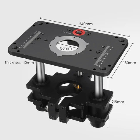 Dead Nuts Precise Router Lift For 65MM And 69MM Wood Routers with micro adjustment, measuring 240mm x 150mm, heavy duty build.