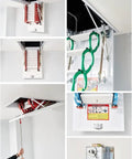 Heavy Duty Electric Attic Ladder With Remote Pull Down Loft Stair Folding Steel Ceiling Access Retractable Staircase visible details of stairs, remote pull handle, and ceiling mount.