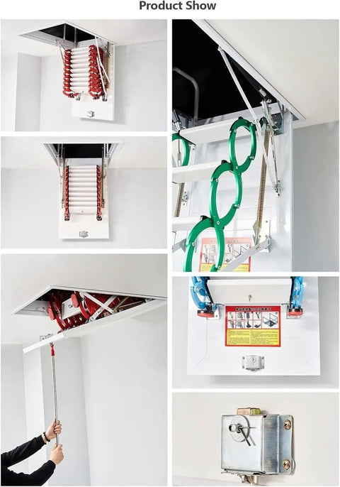 Heavy Duty Electric Attic Ladder With Remote Pull Down Loft Stair Folding Steel Ceiling Access Retractable Staircase visible details of stairs, remote pull handle, and ceiling mount.