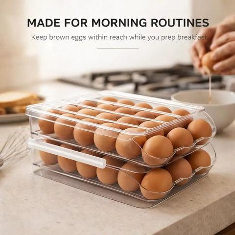 Stackable Fridge Egg Dispenser With Rolling Auto Dispense Holds 36 Eggs, two-layer clear container with brown eggs on kitchen counter