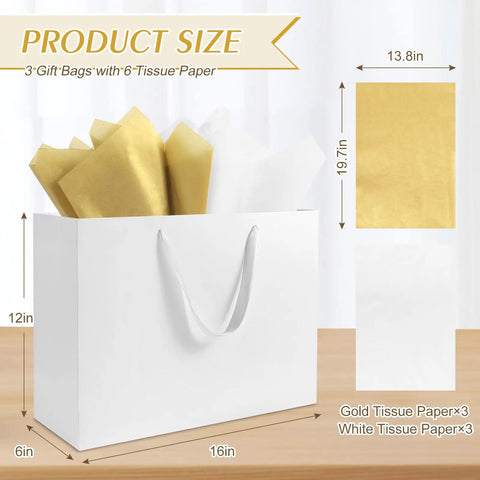 Three Pack Extra Large White Gift Bags With Handles 16 By 6 By 12 Inches Includes Six Tissue Papers For Birthday Wedding Holiday Shopping And Business Gift Wrap