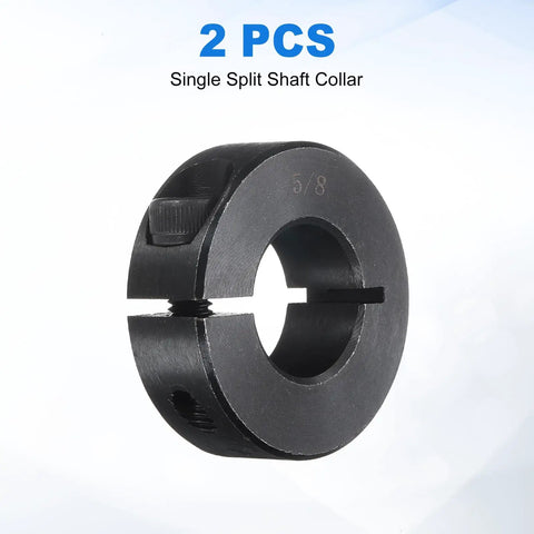 Two Pack Single Split Shaft Collar With 5/8 Inch Bore, 1-5/16 Inch Outer Diameter, 7/16 Inch Thick, Black Oxide Lock Collar Clamp With Set Screws, 1045 Steel, shown on one collar
