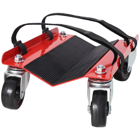 Heavy Duty Snowmobile Dolly Set With Steel V Slide, 1500 Lb Capacity, Two And A Half Inch Swivel Casters, Adjustable Nylon Tie Down Straps, Red Finish, Built Tough For Garage Storage And Easy Transport, red steel dolly with straps