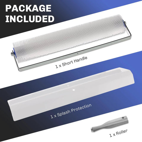 Spike Screeding Roller For Smooth Self Leveling Floors With 21mm Teeth 20 Inch Handle, splash guard, short handle shown