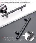 4 Inch Matte Black Cabinet Handles 10 Pack Stainless Steel Drawer Pulls For Kitchen Cabinets Upgrade Your Space With A Slick Modern Look Easy Install And Durable Everyday Use, shown on black and white background with close-up details.