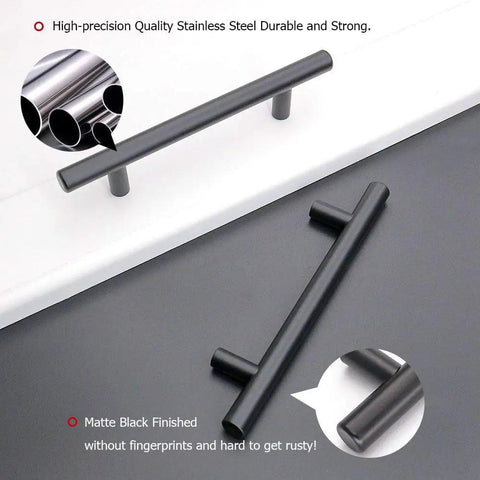 4 Inch Matte Black Cabinet Handles 10 Pack Stainless Steel Drawer Pulls For Kitchen Cabinets Upgrade Your Space With A Slick Modern Look Easy Install And Durable Everyday Use, shown on black and white background with close-up details.